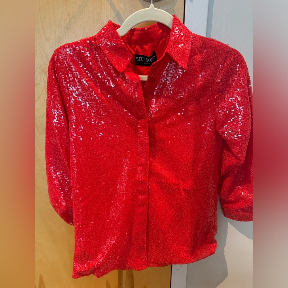 NWT Kittenish Red Sequin Button Down Blouse